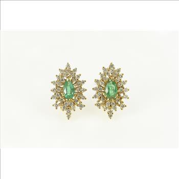 18K 3.42 Ctw Emerald Diamond Leaf Halo French Clip Yellow Gold Earrings