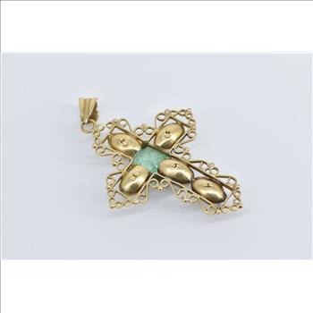 18K 3.47 Ct Natural Emerald Pearl Victorian Cross Yellow Gold Pendant