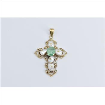 18K 3.47 Ct Natural Emerald Pearl Victorian Cross Yellow Gold Pendant