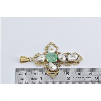 18K 3.47 Ct Natural Emerald Pearl Victorian Cross Yellow Gold Pendant
