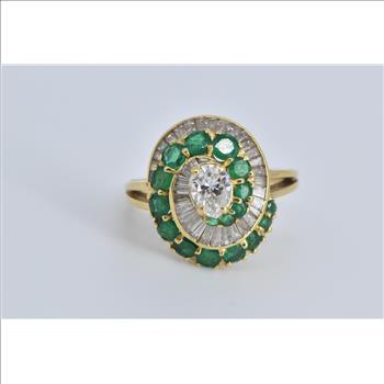 18K 3.49 Ctw Pear Natural Diamond Emerald Swirl Yellow Gold Ring, Size 7.25
