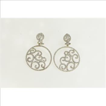 18K 3.50 Ctw Pave Diamond Ornate Swirl Medallion White Gold Earrings