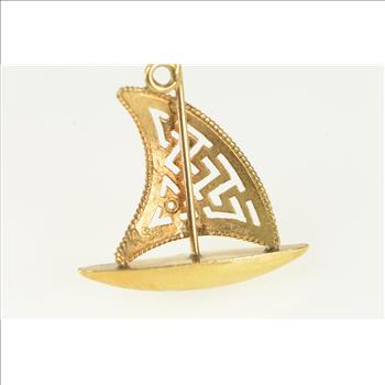 18K 3D Greek Wave Pattern Sail Boat Yellow Gold Charm/Pendant