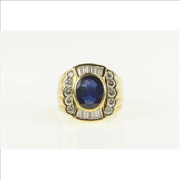 18K 5.59 Ctw Natural Sapphire Diamond Halo Squared Yellow Gold Ring, Size 8.5