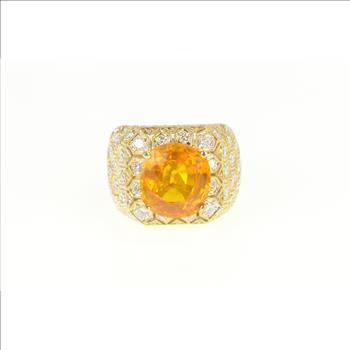 18K 6.00Ctw Orange Sapphire Diamond Honeycomb Yellow Gold Ring, Size 7.75