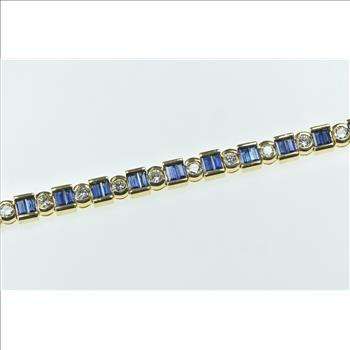 18K 6.45 Ctw Baguette Sapphire Diamond Tennis Yellow Gold Bracelet 7