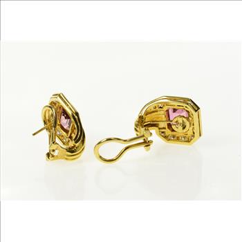 18K 8.00 Ctw Emerald Pink Tourmaline Diamond Yellow Gold Earrings