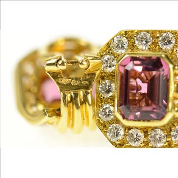 18K 8.00 Ctw Emerald Pink Tourmaline Diamond Yellow Gold Earrings