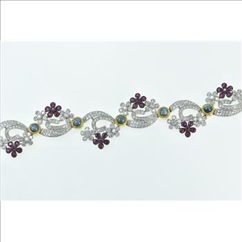 18K 9.40 Ctw Diamond Ruby Sapphire Floral Swirl White Gold Bracelet 7.5