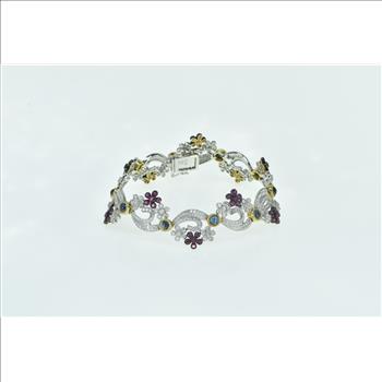 18K 9.40 Ctw Diamond Ruby Sapphire Floral Swirl White Gold Bracelet 7.5