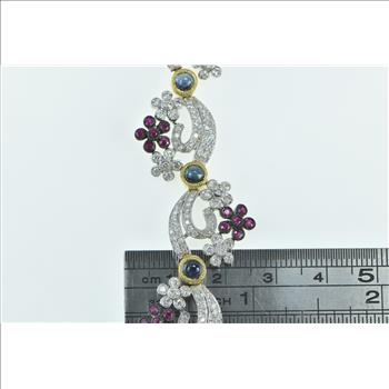 18K 9.40 Ctw Diamond Ruby Sapphire Floral Swirl White Gold Bracelet 7.5
