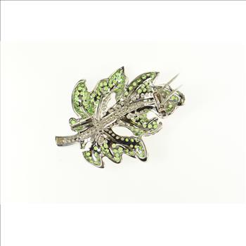 18K 9.55 Ctw Pave Tsavorite Garnet Diamond Leaf White Gold Pin/Brooch