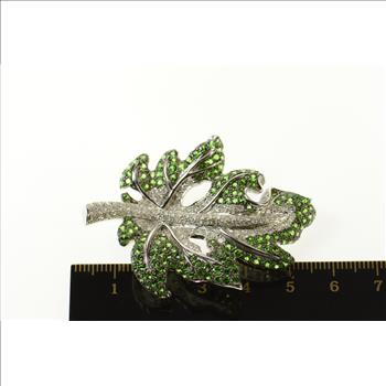 18K 9.55 Ctw Pave Tsavorite Garnet Diamond Leaf White Gold Pin/Brooch