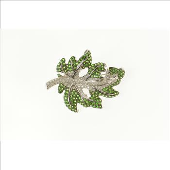 18K 9.55 Ctw Pave Tsavorite Garnet Diamond Leaf White Gold Pin/Brooch