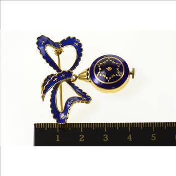 18K Altair Ornate Victorian Blue Enamel Watch Bow Yellow Gold Pin/Brooch