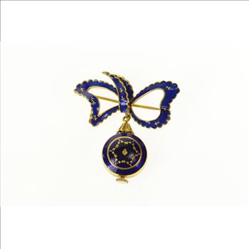18K Altair Ornate Victorian Blue Enamel Watch Bow Yellow Gold Pin/Brooch