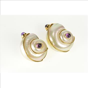 18K Amethyst Mother of Pearl Conch Shell Ornate Yellow Gold Earrings