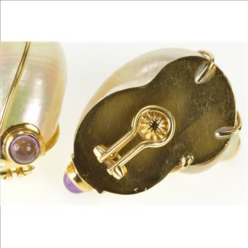 18K Amethyst Mother of Pearl Conch Shell Ornate Yellow Gold Earrings