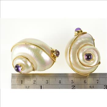 18K Amethyst Mother of Pearl Conch Shell Ornate Yellow Gold Earrings