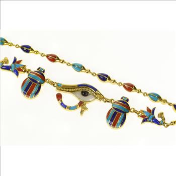 18K Ancient Egyptian Eye of Horus Scarab Yellow Gold Necklace 18.5