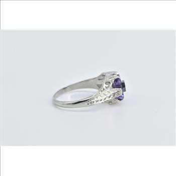 18K Art Deco Amethyst Diamond Vine Etched White Gold Ring, Size 5.5
