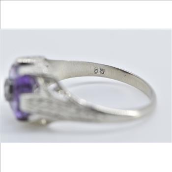18K Art Deco Amethyst Diamond Vine Etched White Gold Ring, Size 5.5