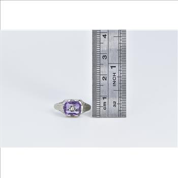18K Art Deco Amethyst Diamond Vine Etched White Gold Ring, Size 5.5