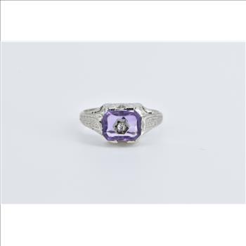 18K Art Deco Amethyst Diamond Vine Etched White Gold Ring, Size 5.5