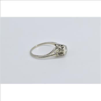 18K Art Deco Diamond Filigree Belais Engagement White Gold Ring, Size 5.25
