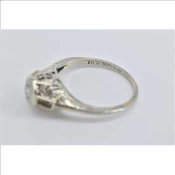 18K Art Deco Diamond Filigree Belais Engagement White Gold Ring, Size 5.25