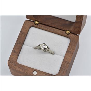 18K Art Deco Diamond Filigree Belais Engagement White Gold Ring, Size 5.25