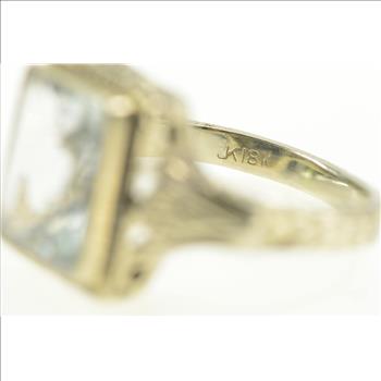 18K Art Deco Emerald Cut Aquamarine Filigree Yellow Gold Ring, Size 3