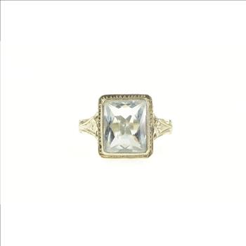 18K Art Deco Emerald Cut Aquamarine Filigree Yellow Gold Ring, Size 3