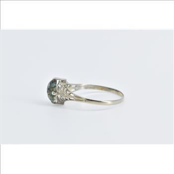 18K Art Deco Filigree Art Glass Ornate Fashion White Gold Ring, Size 9