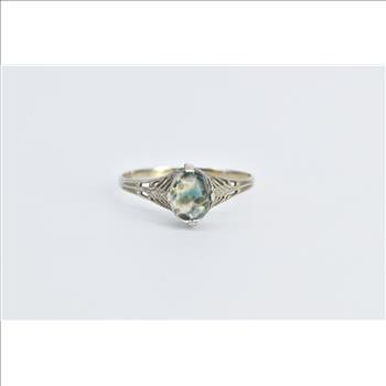 18K Art Deco Filigree Art Glass Ornate Fashion White Gold Ring, Size 9