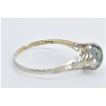 18K Art Deco Filigree Art Glass Ornate Fashion White Gold Ring, Size 9