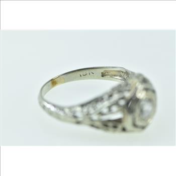 18K Art Deco Filigree Diamond Engagement White Gold Ring, Size 8