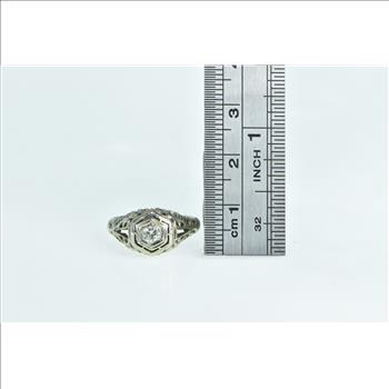 18K Art Deco Filigree Diamond Engagement White Gold Ring, Size 8