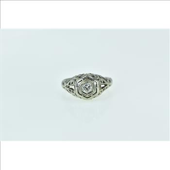 18K Art Deco Filigree Diamond Engagement White Gold Ring, Size 8