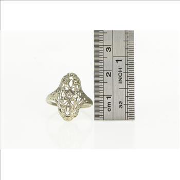 18K Art Deco Filigree Diamond Ornate Engagement White Gold Ring, Size 7.5