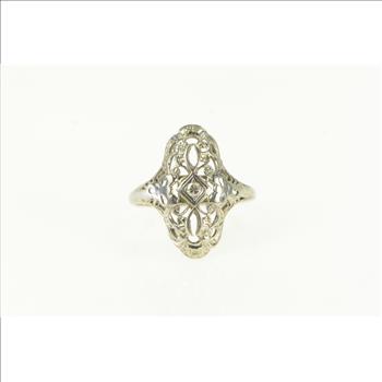 18K Art Deco Filigree Diamond Ornate Engagement White Gold Ring, Size 7.5