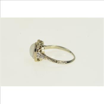 18K Art Deco Filigree Opal Diamond Ornate White Gold Ring, Size 6.25