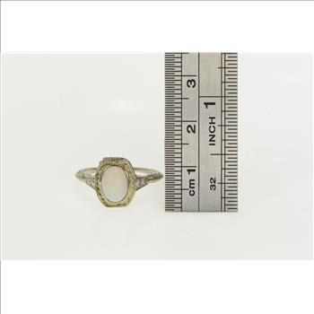 18K Art Deco Filigree Opal Diamond Ornate White Gold Ring, Size 6.25