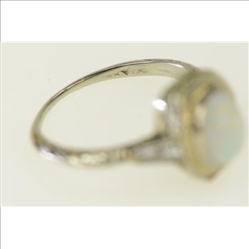 18K Art Deco Filigree Opal Diamond Ornate White Gold Ring, Size 6.25