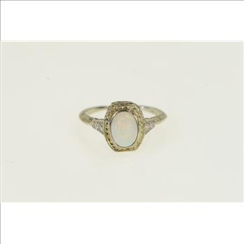 18K Art Deco Filigree Opal Diamond Ornate White Gold Ring, Size 6.25