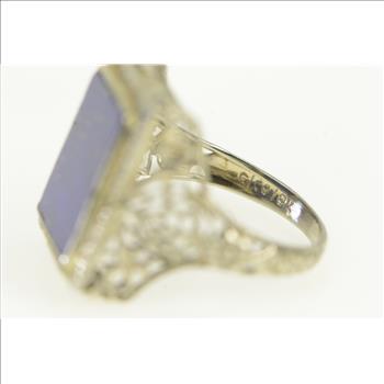 18K Art Deco Lapis Lazuli Filigree Squared White Gold Ring, Size 4.5