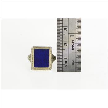 18K Art Deco Lapis Lazuli Filigree Squared White Gold Ring, Size 4.5