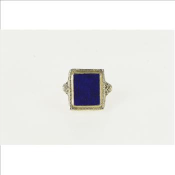 18K Art Deco Lapis Lazuli Filigree Squared White Gold Ring, Size 4.5
