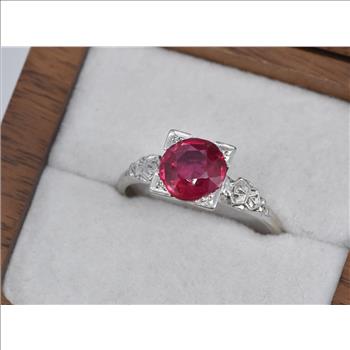 18K Art Deco Synthetic Ruby Ornate Engagement White Gold Ring, Size 9.75