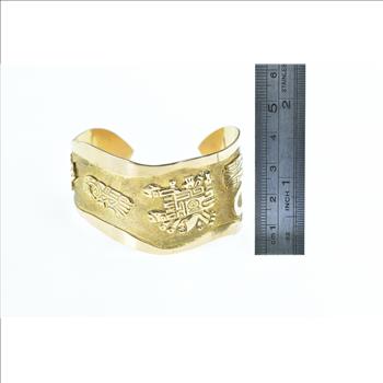 18K Aztec Ornate Tribal Pattern Cuff Yellow Gold Bracelet 6.75